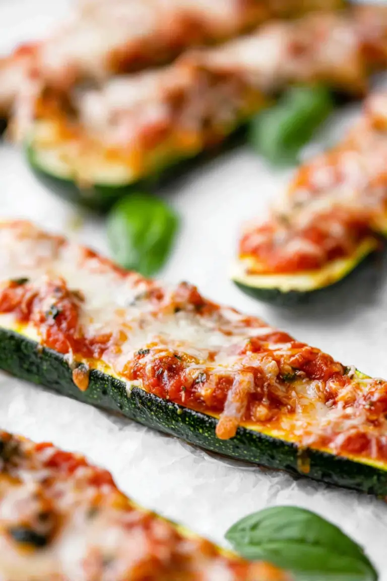 Cheesy baked zucchini halves topped with marinara sauce and garnished with fresh herbs on a wooden table.