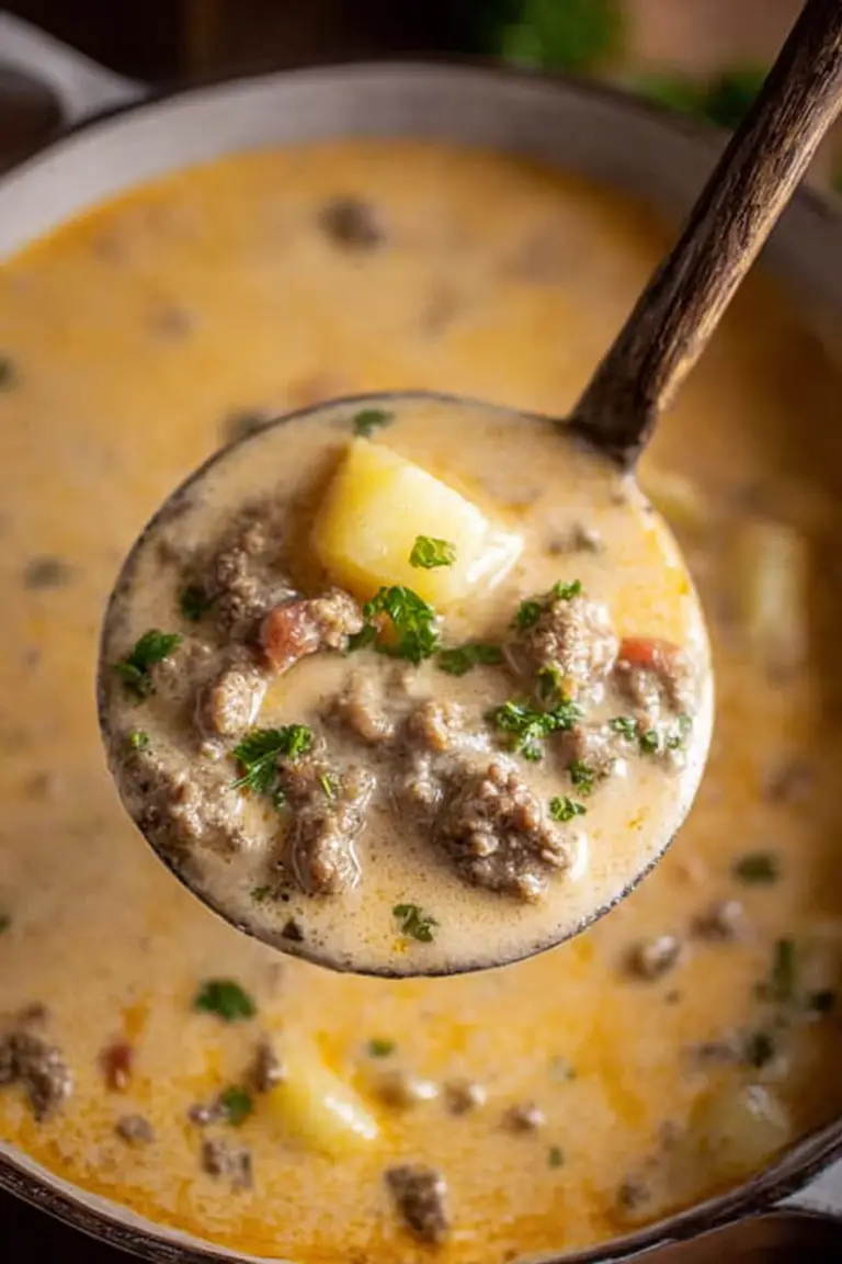 A bowl of creamy cheesy beef and potato soup with parsley and cheese garnish.