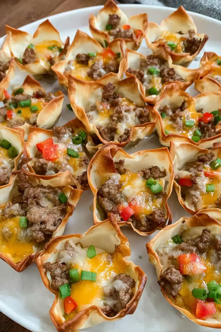 Delicious cheesy sausage wonton cups garnished with bell peppers and ranch dressing