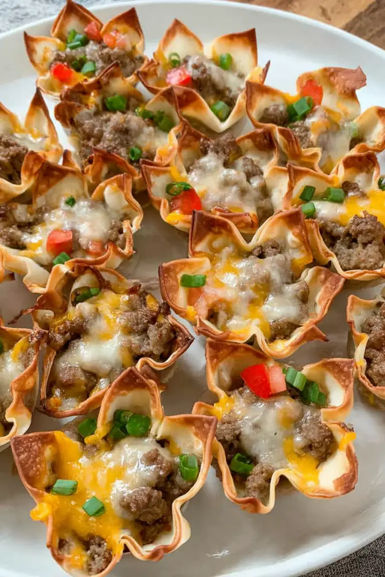 Delicious cheesy sausage wonton cups served with ranch dressing and bell pepper garnishes.