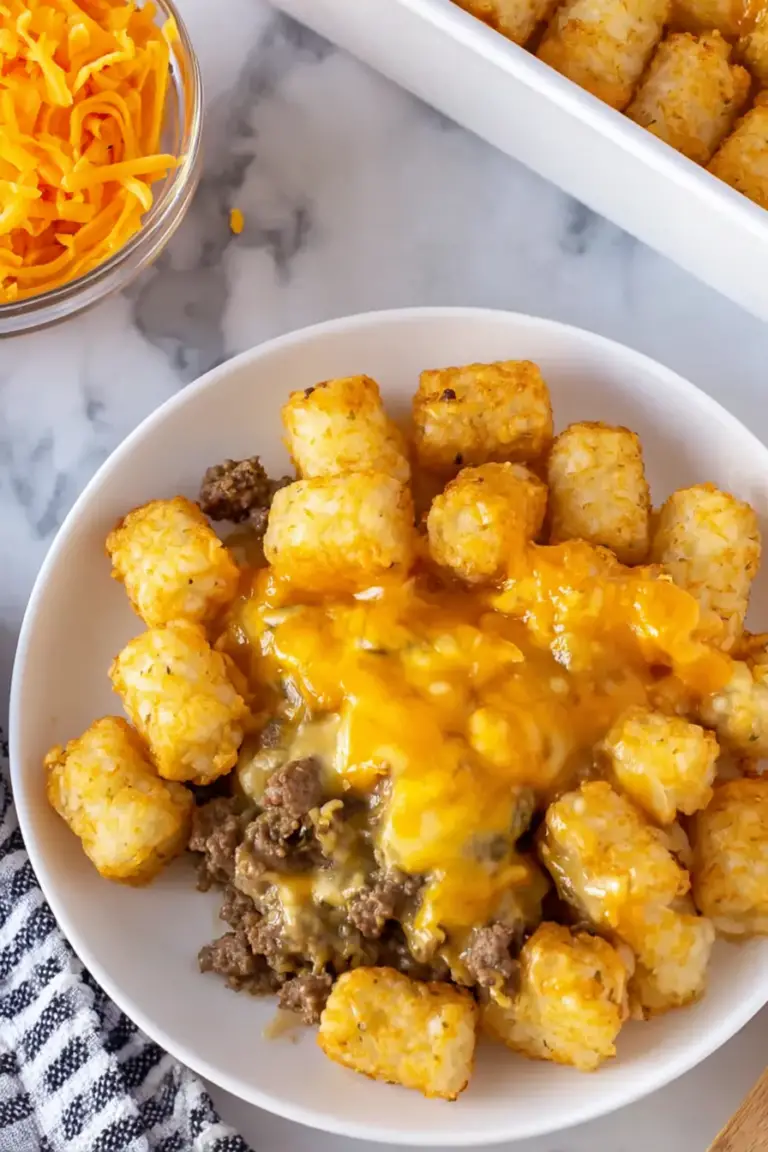 Delicious cheesy tater tot casserole with melted cheese and crispy tater tots on top