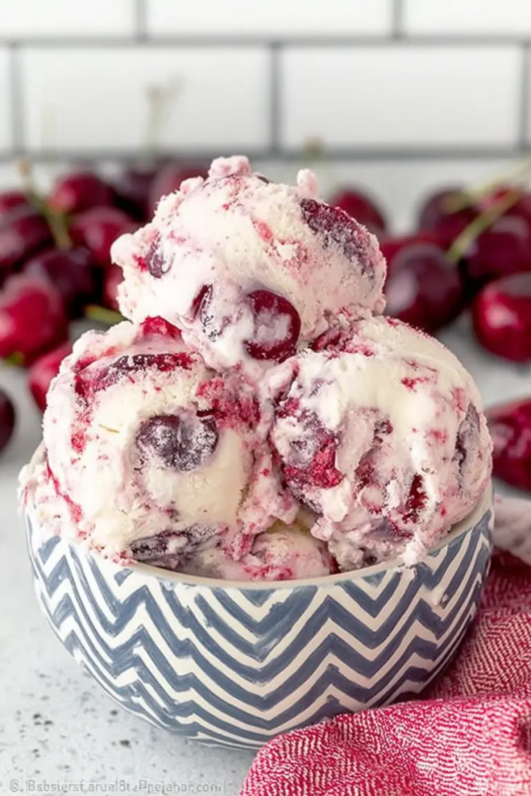 Delicious cherry vanilla ice cream with fresh cherries and chocolate chunks served in a bowl, perfect for summer desserts.