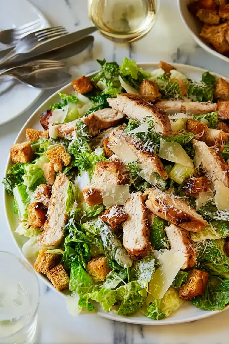 Close-up of a delicious chicken caesar salad with grilled chicken, homemade croutons, and grated Parmesan.