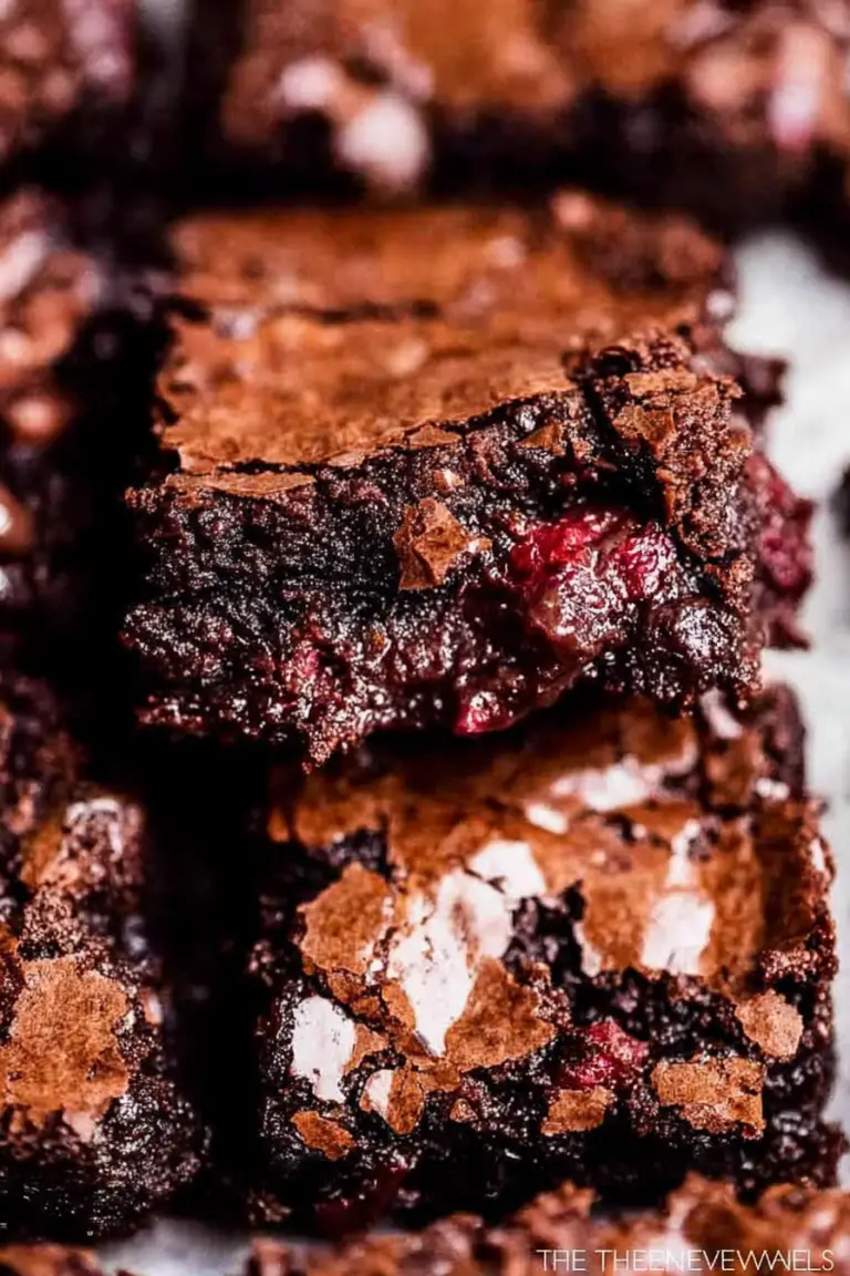Close-up of chocolate rhubarb brownie on a decorative plate, garnished with rhubarb and chocolate shavings.