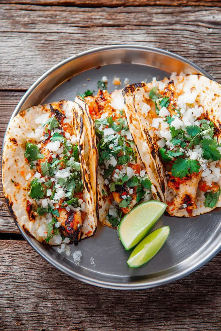 Cilantro lime grilled chicken tacos with pico de gallo and lime wedges on a wooden table.