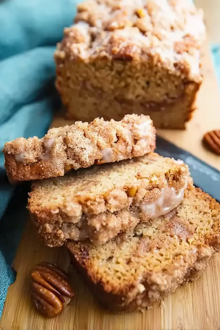 Freshly baked cinnamon streusel rhubarb bread on a wooden table with cinnamon sticks and rhubarb stalks.