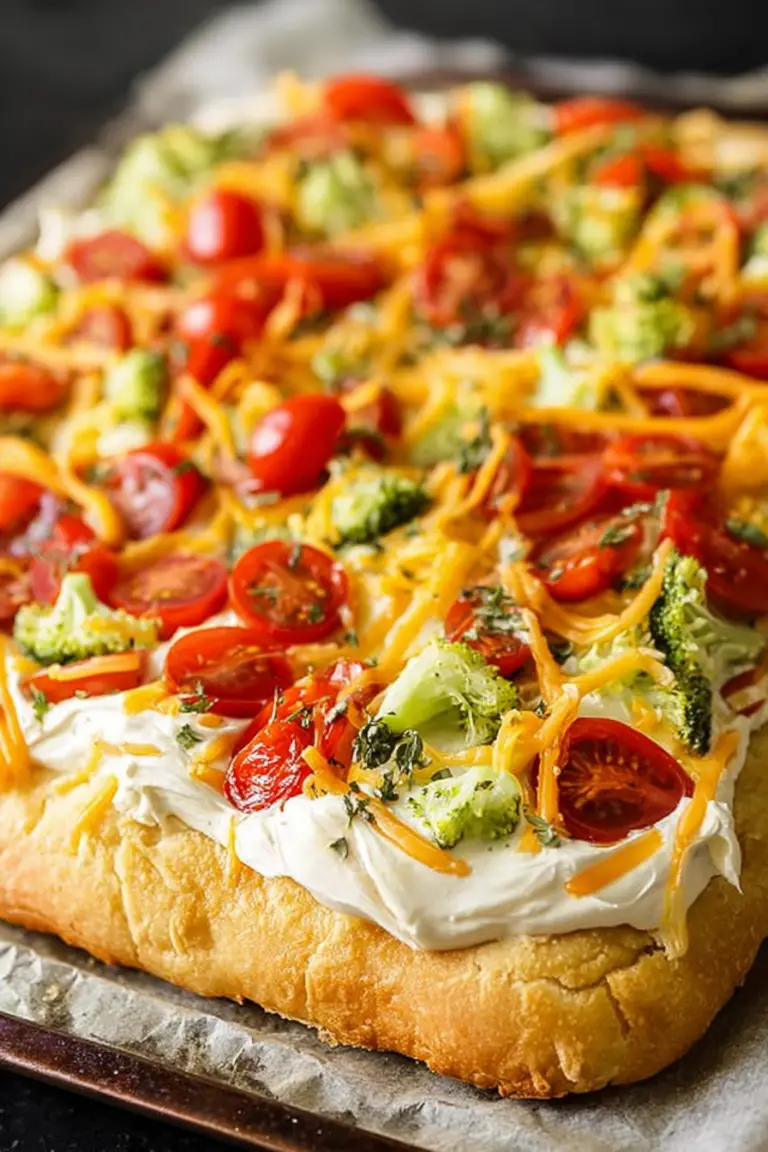 Colorful vegetable pizza with fresh toppings on a wooden table.