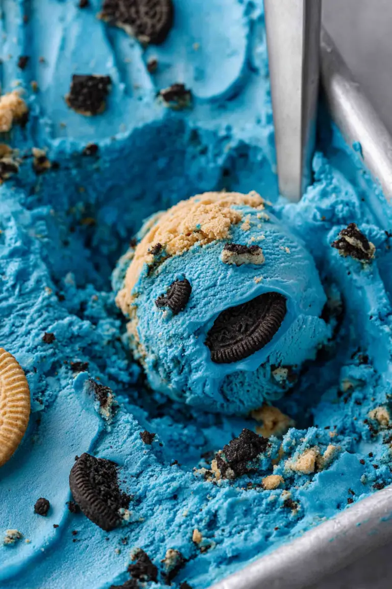 A delicious bowl of homemade Cookie Monster Ice Cream topped with crushed cookies, showcasing its bright blue color.