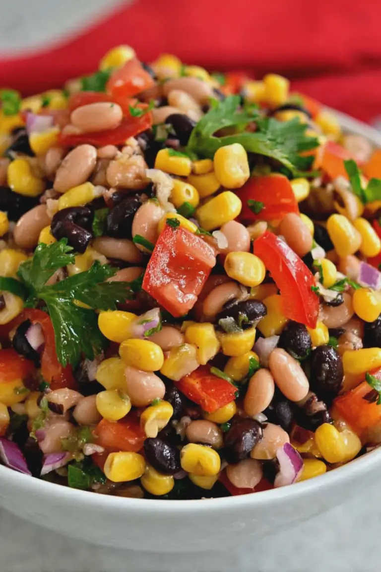 Close-up of a colorful bowl of cowboy caviar with black beans, corn, tomatoes, and jalapeños.