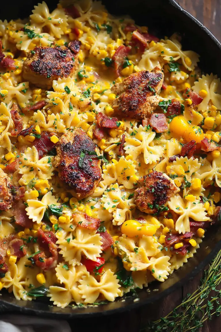 Creamy chicken and corn pasta with bacon served in a bowl, topped with fresh herbs.