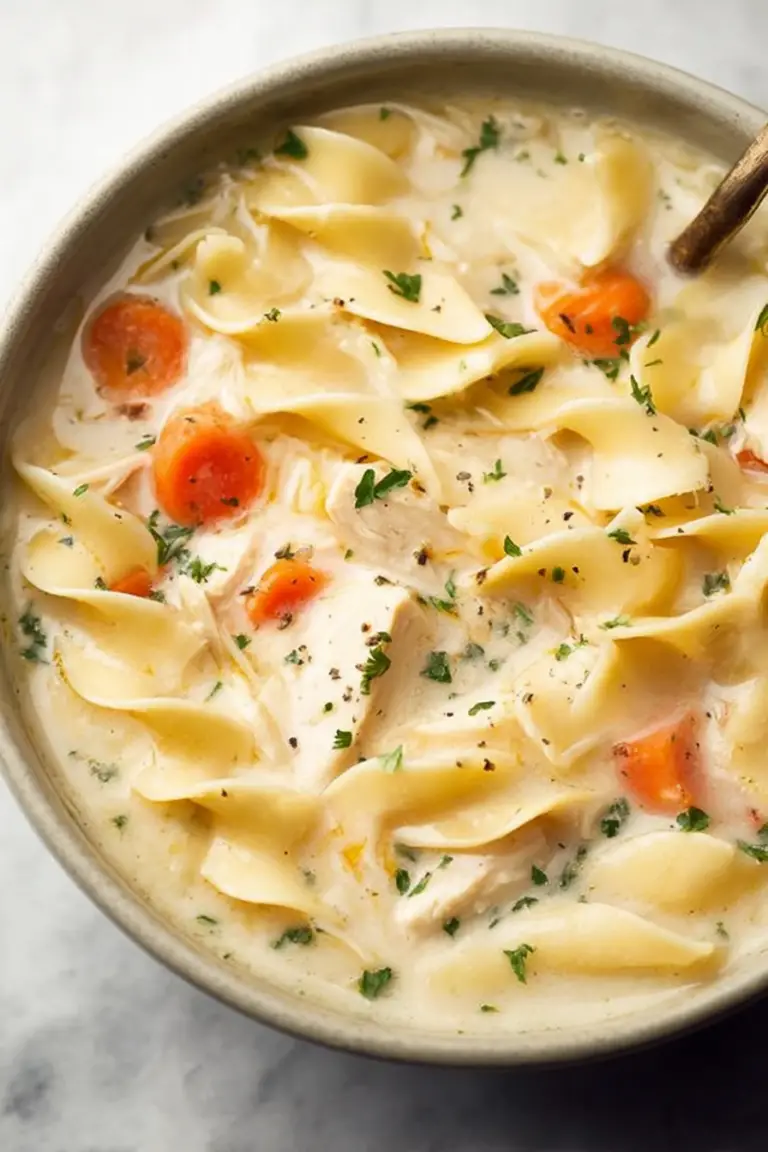 Bowl of creamy chicken noodle soup garnished with parsley and a slice of crusty bread.