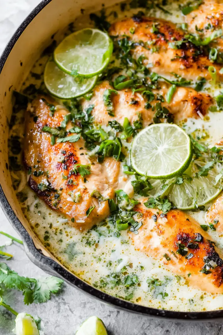 Plated creamy coconut lime chicken with cilantro and lime wedges on a wooden table.