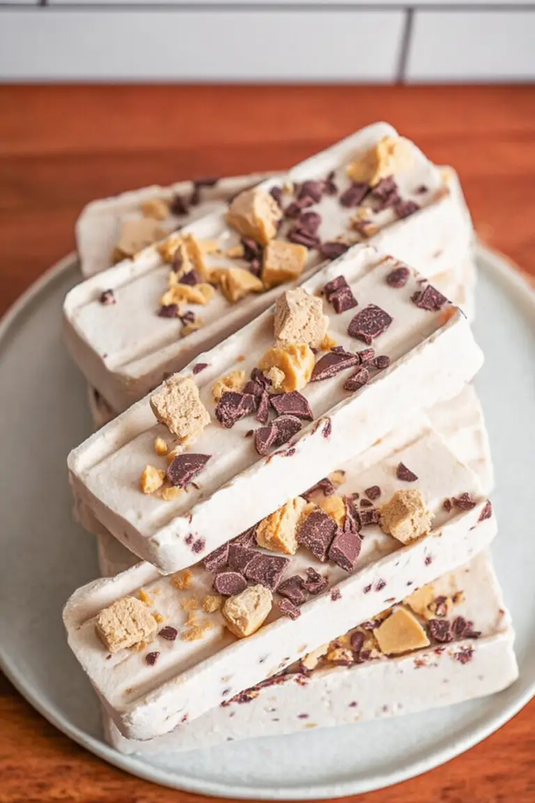 Delicious frozen yogurt bar topped with chocolate chips and peanut butter cups on a plate.