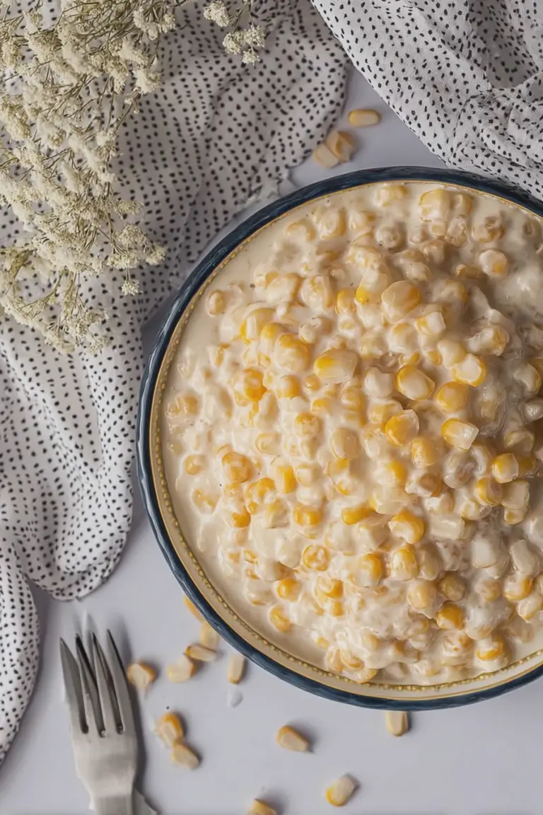 Delicious homemade creamed corn served in a bowl with cracked pepper and butter.