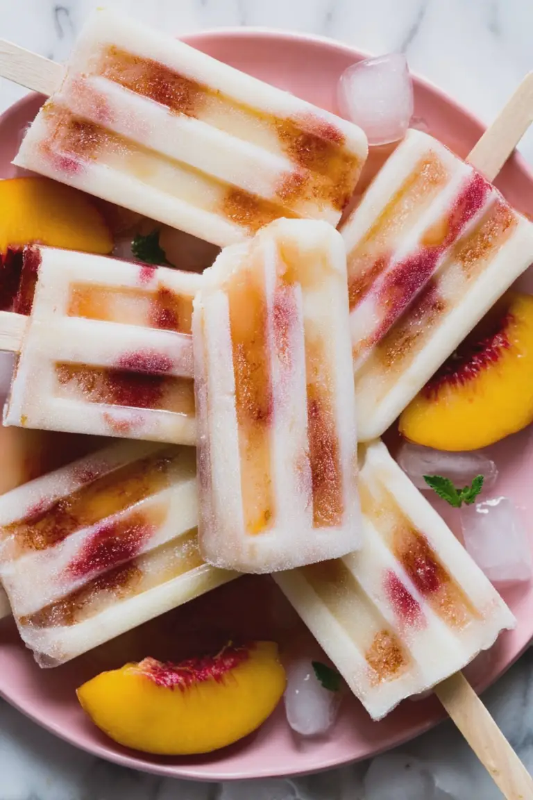 Close-up of creamy nectarine popsicles in a wooden bowl with fresh nectarines and mint.