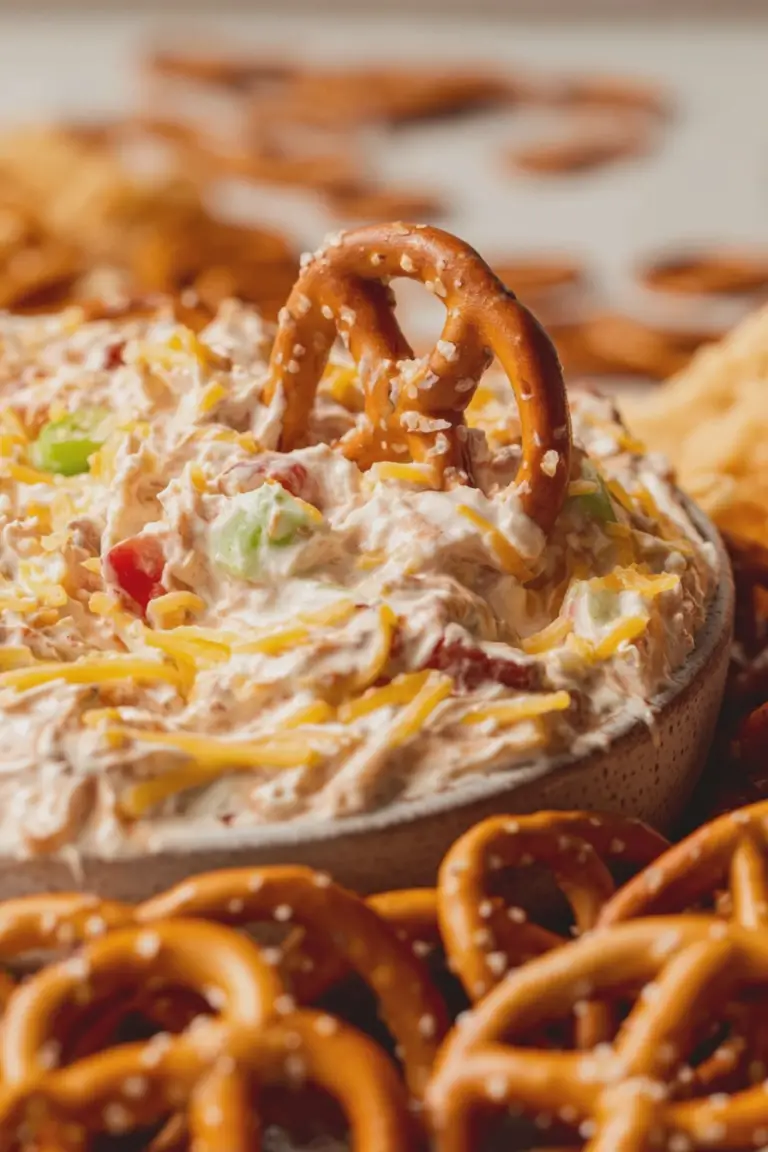 Creamy pretzel dip served with pretzel bites, garnished with green onions.