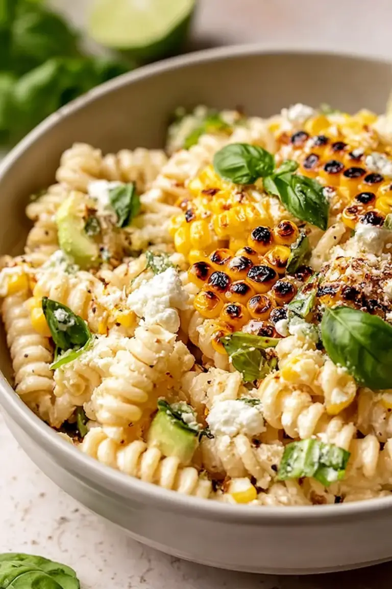 A close-up of creamy street corn pasta salad with fresh herbs and cotija cheese, surrounded by ingredients like corn, pasta, and herbs.