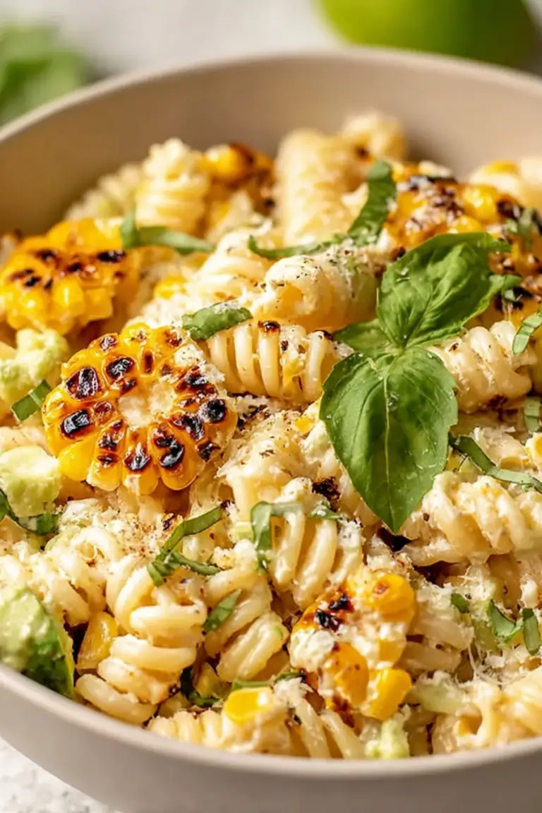 Delicious creamy street corn pasta salad with fresh herbs and grilled corn, ideal for summer gatherings.