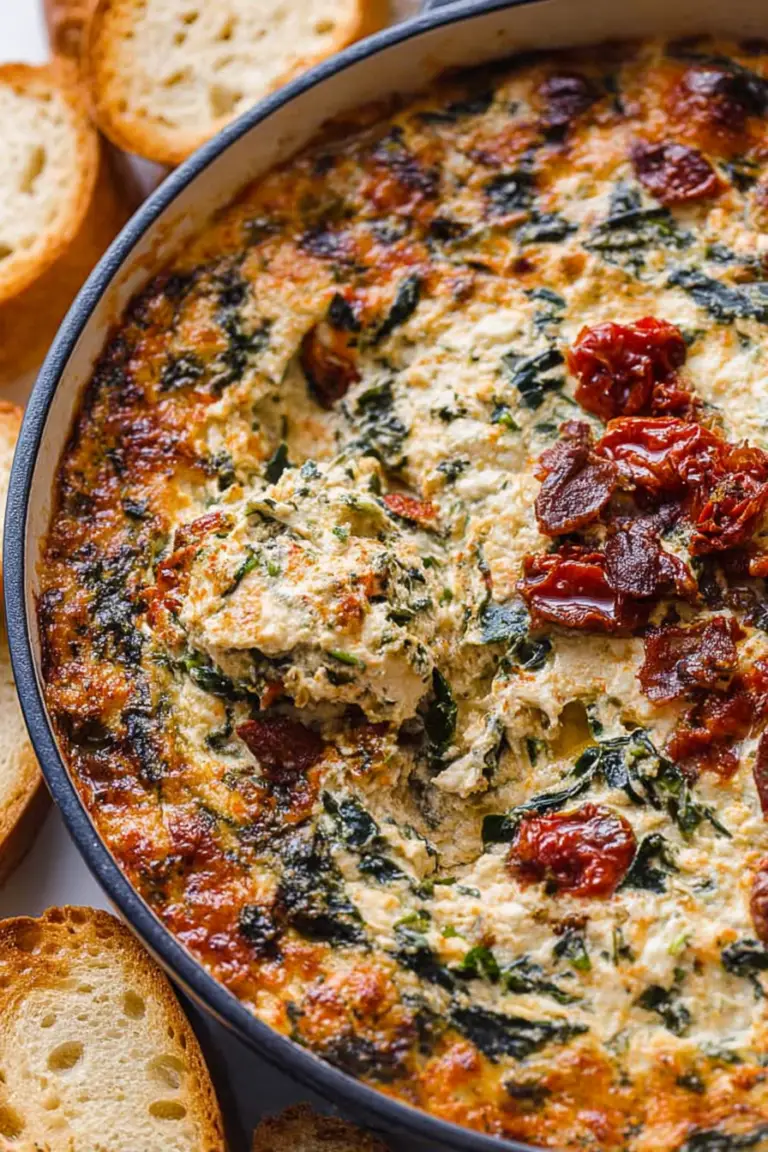 Creamy Tuscan dip served in a bowl with sliced bread and vegetables