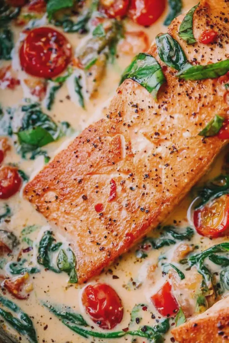 Creamy Tuscan salmon served with fresh basil and a side salad, showcasing a delicious and inviting summer meal.