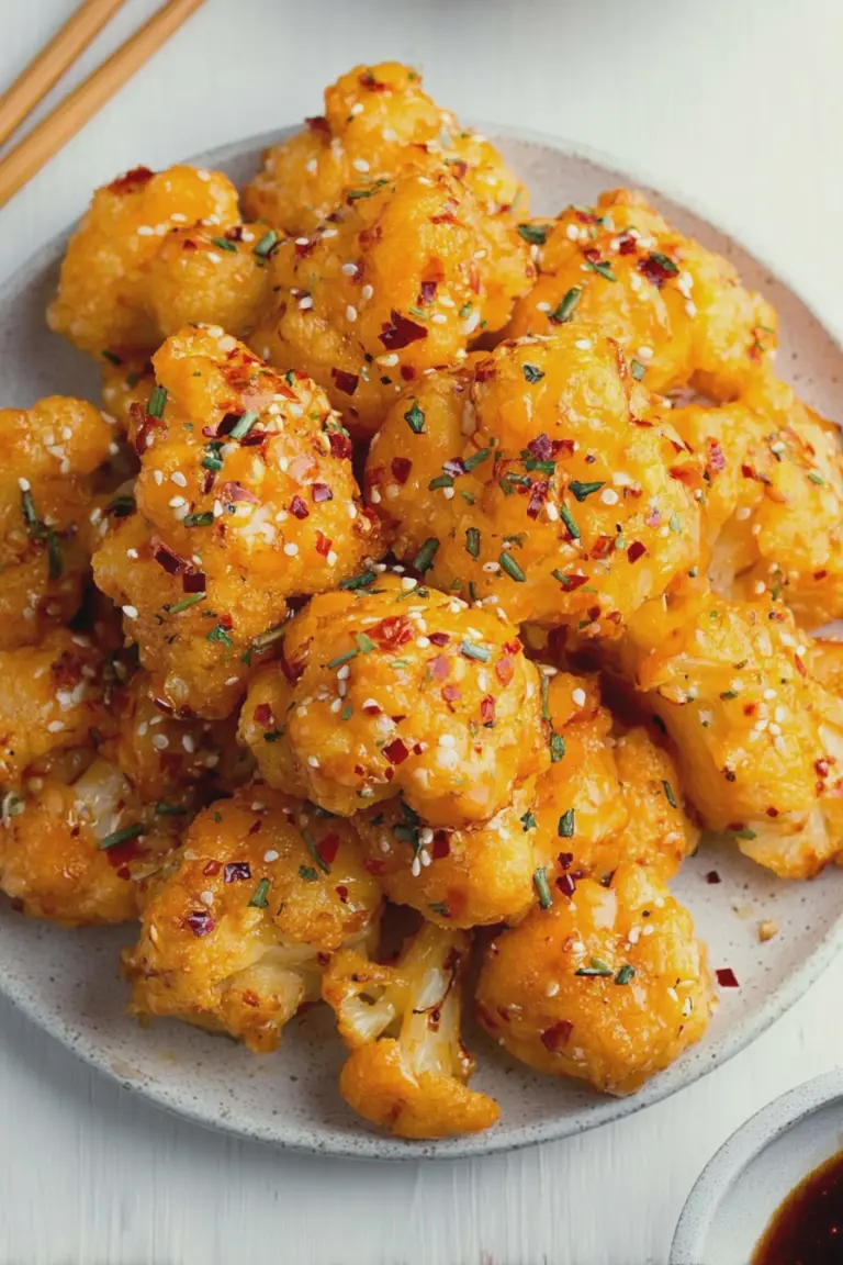 Crispy Bang Bang cauliflower bites drizzled with sauce served on a wooden table.