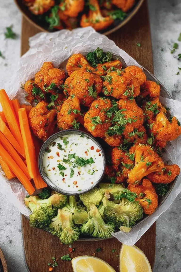 Crispy buffalo cauliflower wings served on a plate with vegan ranch dipping sauce and fresh parsley.
