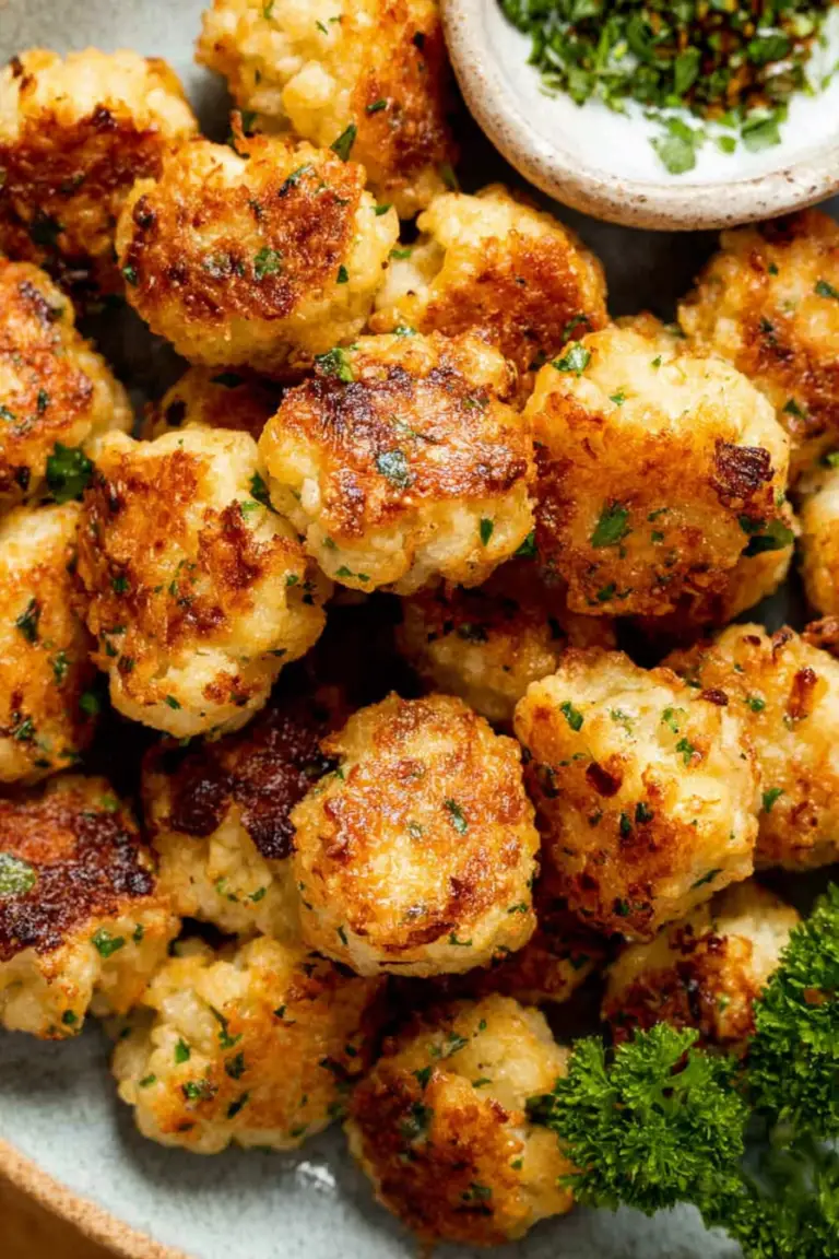 Crispy golden cauliflower tots served on a wooden platter with a dipping sauce and parsley garnish.
