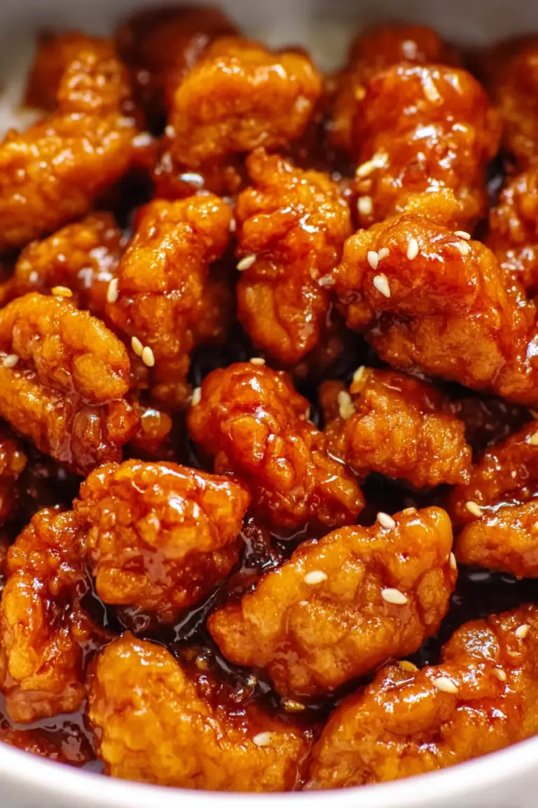 Crispy orange chicken nuggets coated in orange marmalade BBQ sauce, garnished with sesame seeds and green onions.