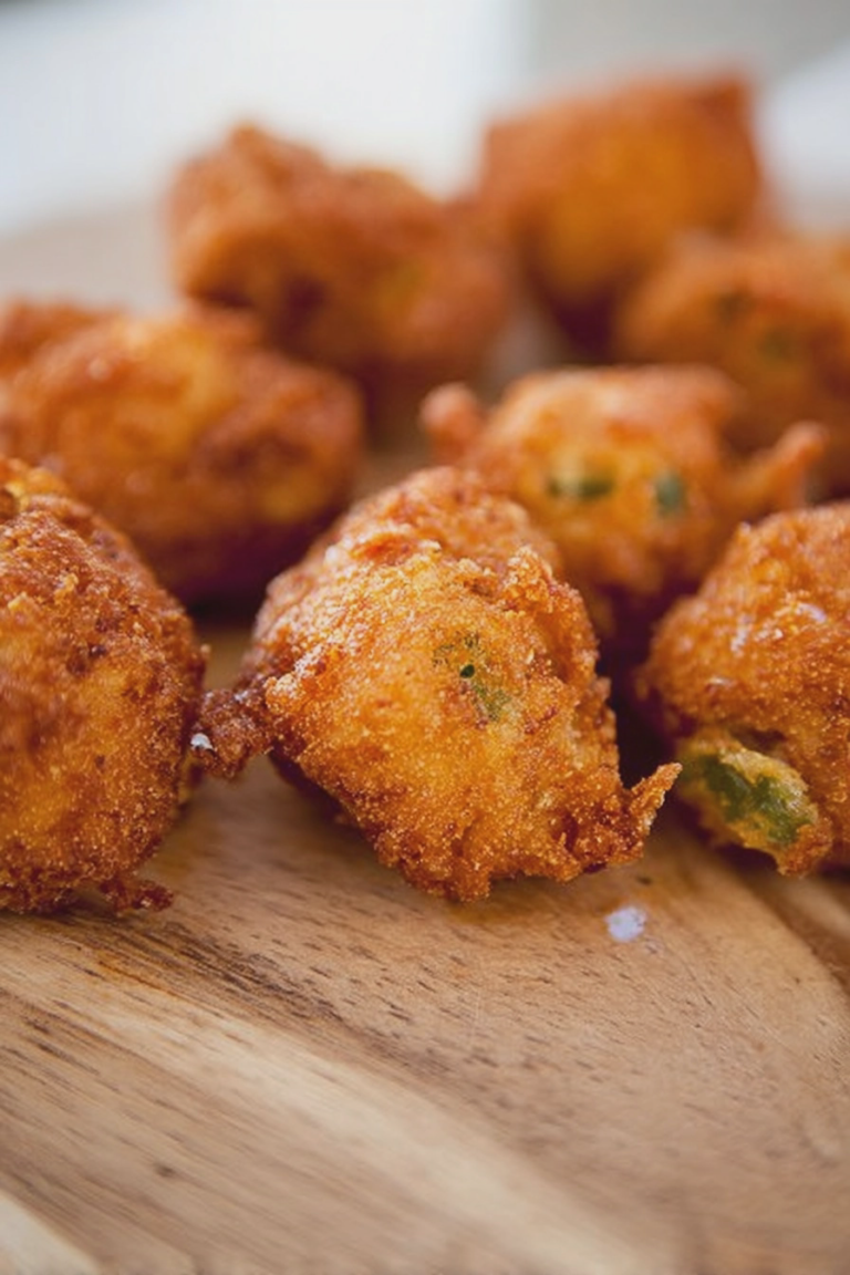 Crispy rattlesnake bites styled on a wooden board with dipping sauce and jalapenos.
