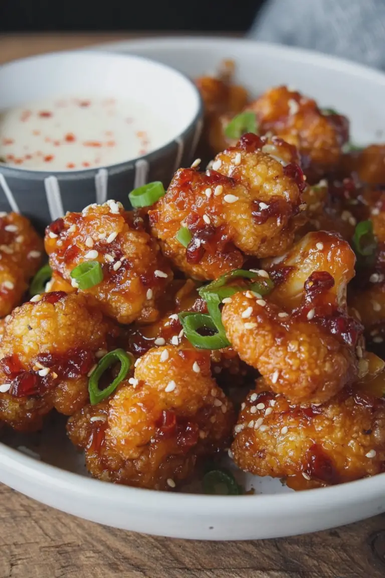 Close-up of crispy sweet chili cauliflower wings garnished with sesame seeds and green onions, with dipping sauce on the side.