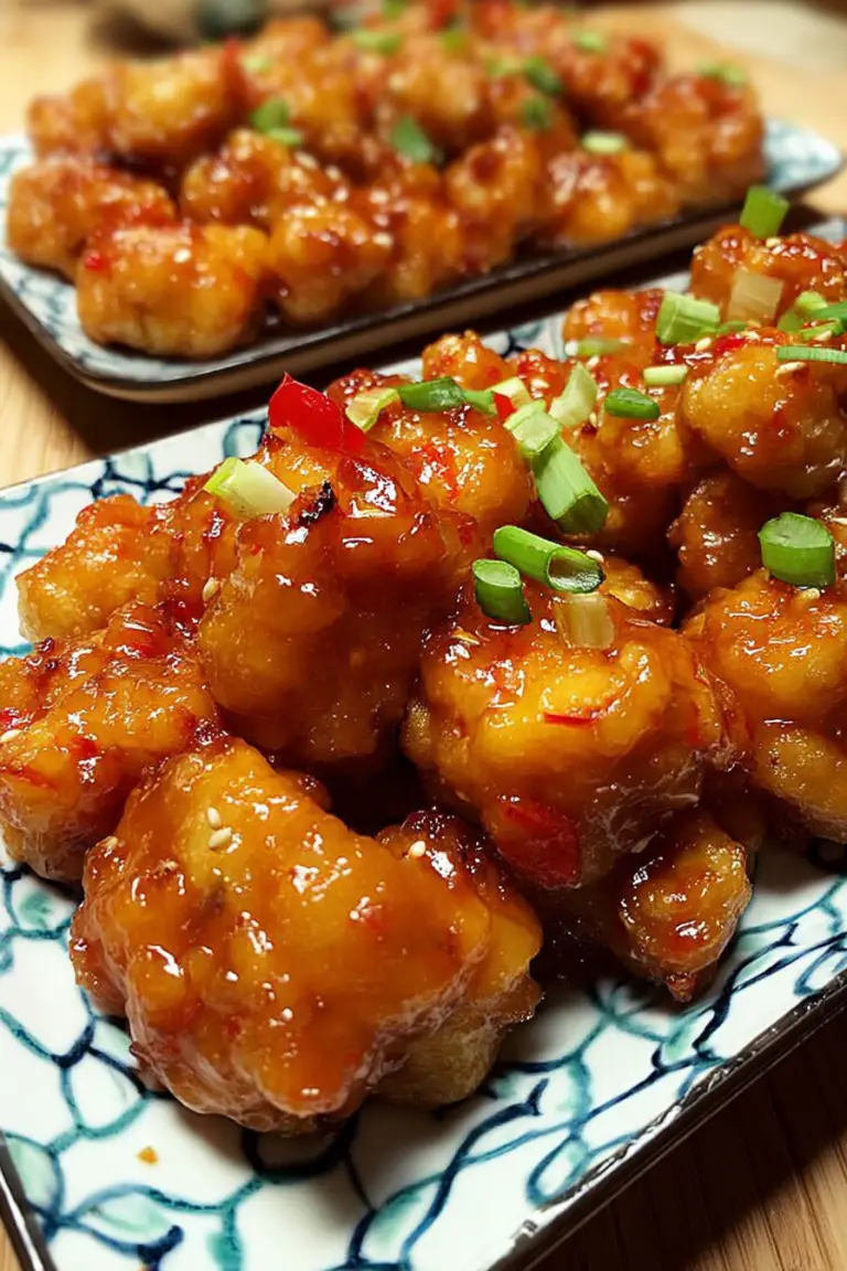 Crispy sweet chili chicken bites garnished with sesame seeds and green onions on a white plate.