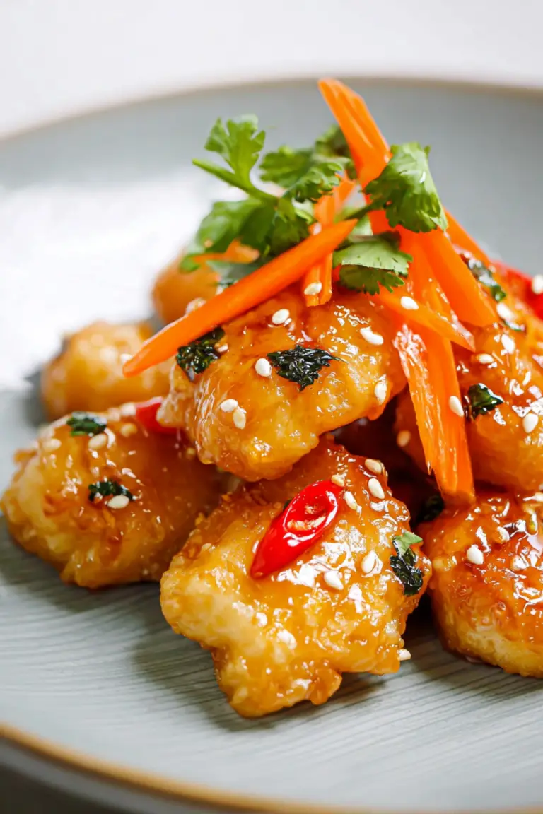 Crispy Thai chicken bites topped with sesame seeds and cilantro on a plate with sweet chili sauce.