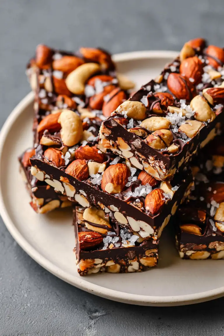 Homemade dark chocolate and sea salt nut bars on a cutting board with sea salt and nuts.