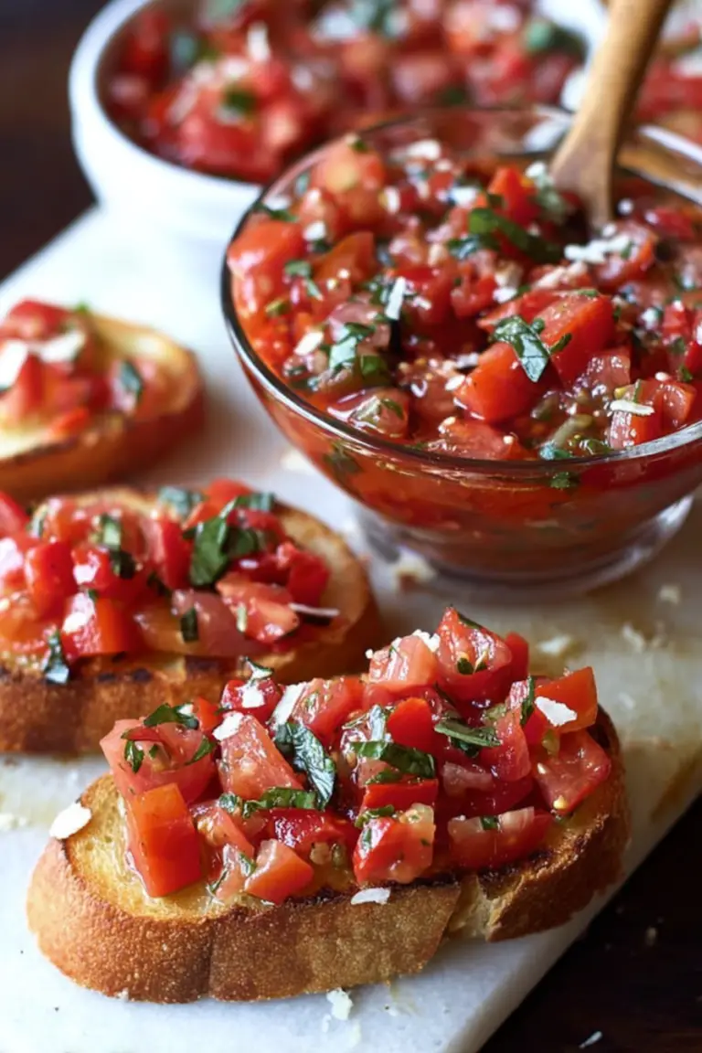 Delicious homemade bruschetta with tomatoes and basil on wooden board
