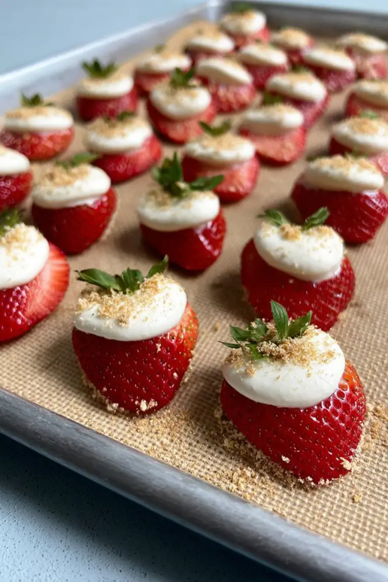 Close-up of deviled strawberries filled with cheesecake and topped with graham cracker crumbs on a decorative plate.
