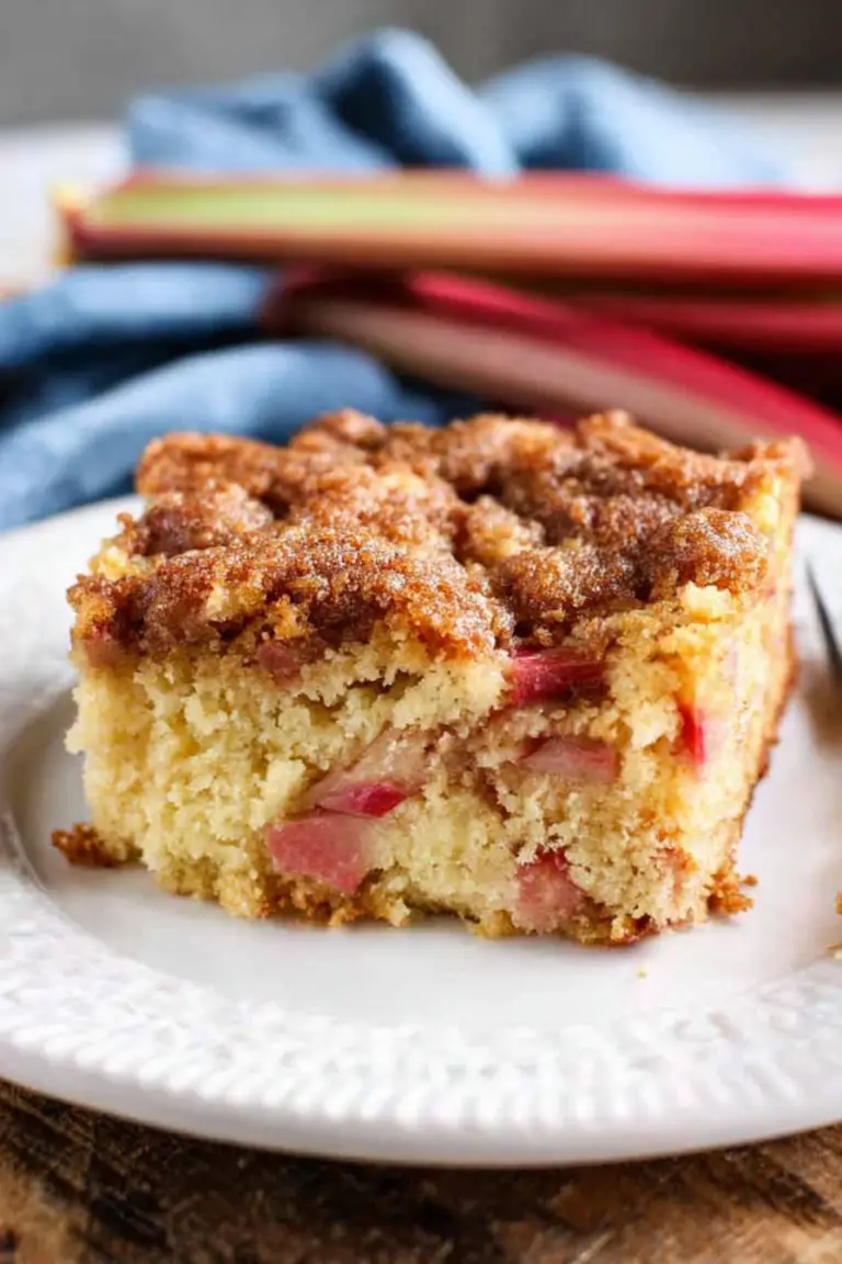 Slice of double crumb rhubarb coffee cake with coffee and fresh rhubarb on a wooden table.