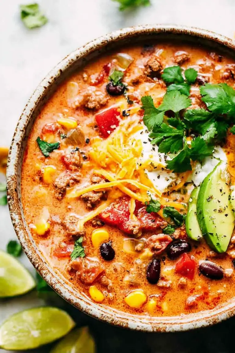 Bowl of easy cheesy taco soup garnished with cilantro and cheese, with tortilla chips on the side.