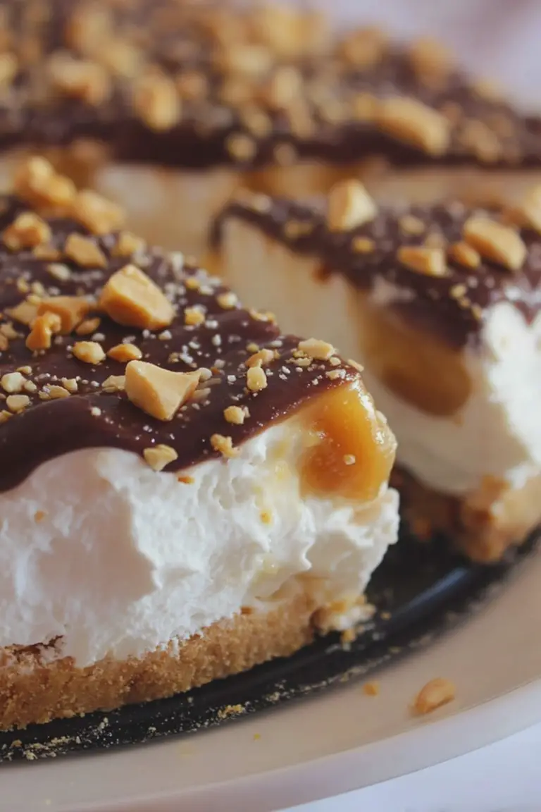 Sliced Easy Drumstick Pie with chocolate and caramel drizzle, topped with chopped peanuts.