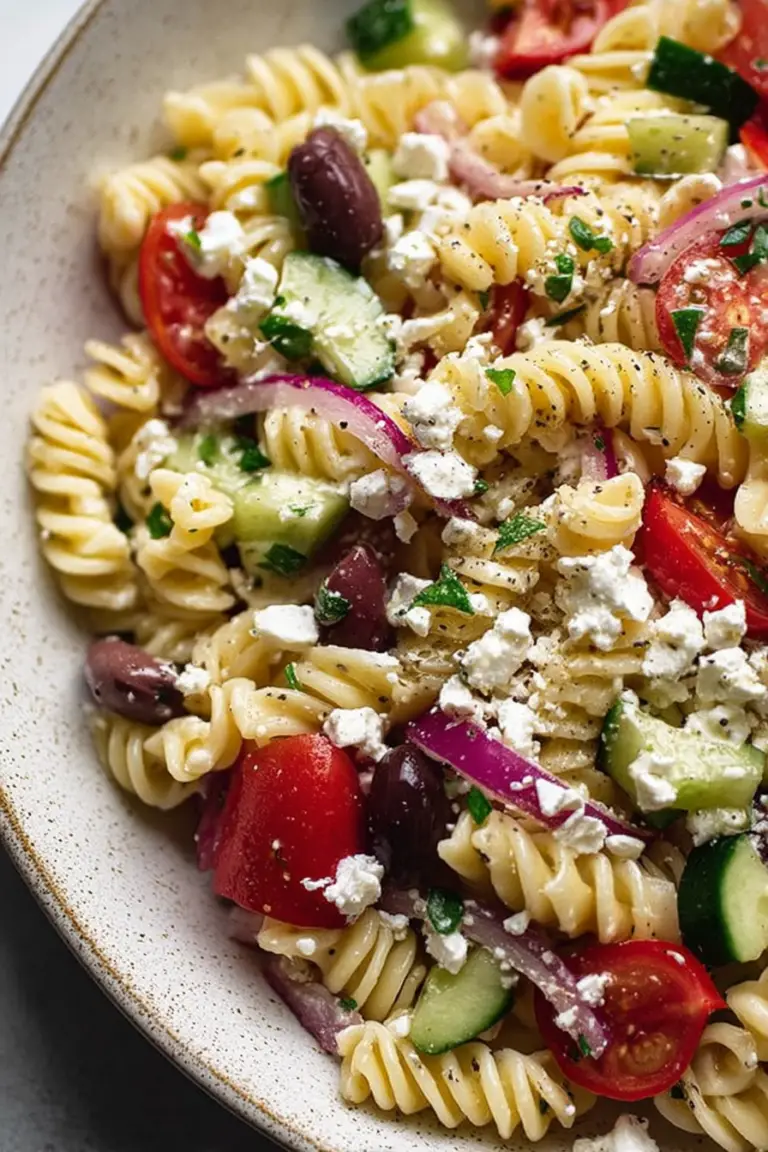 Easy Greek Pasta Salad with colorful vegetables, feta cheese, and olives served in a rustic bowl