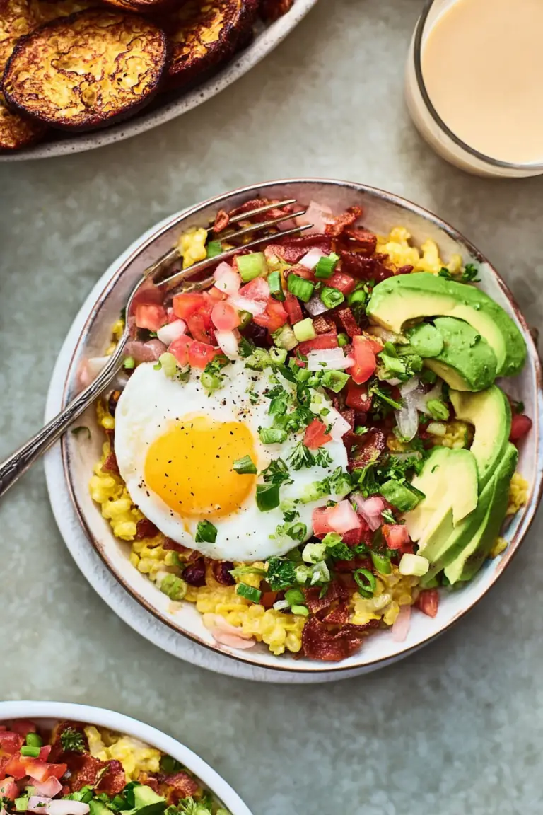 Colorful easy high protein breakfast bowl with scrambled eggs, bacon, avocado, and vegetables.
