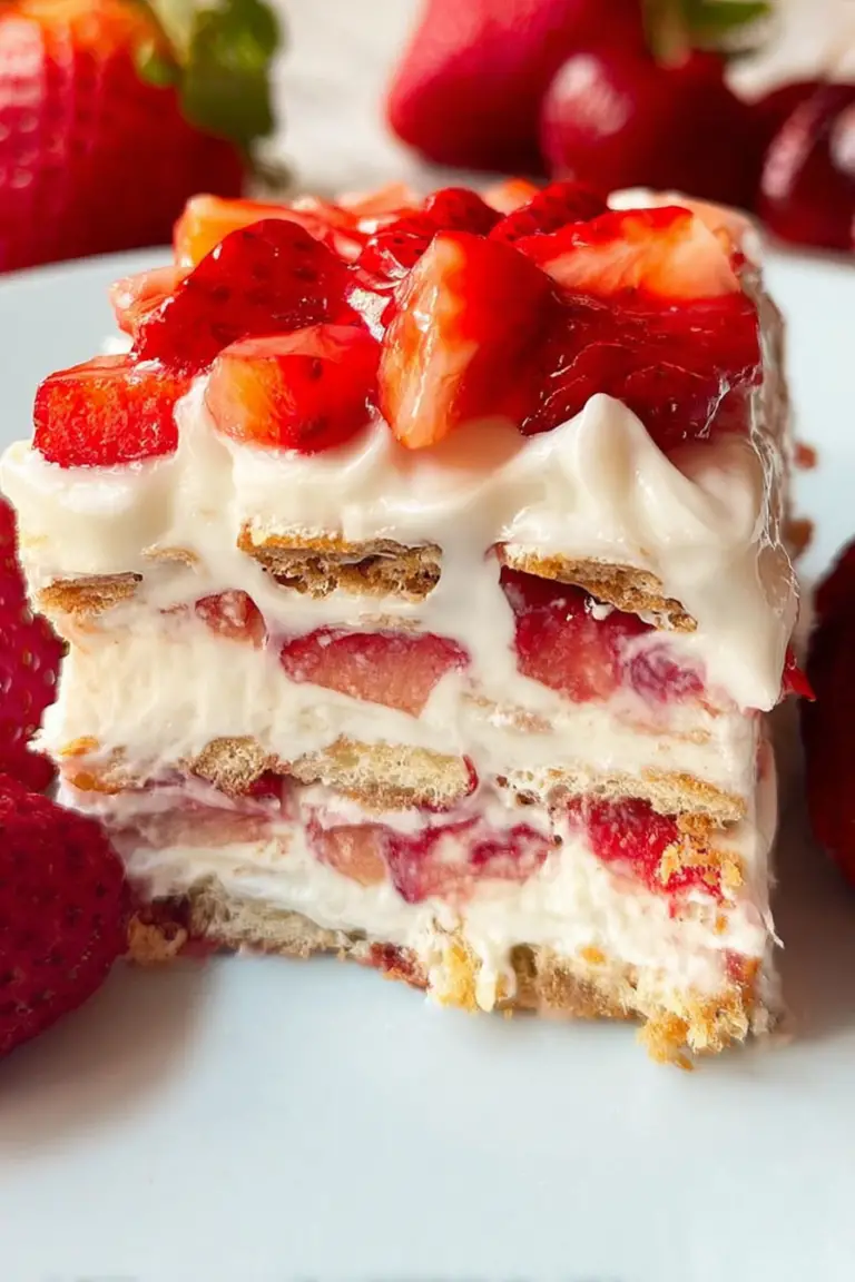Delicious layers of easy icebox cake with strawberries and whipped cream, perfect for summer dessert.