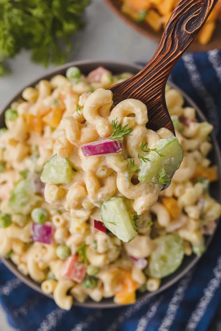 A colorful easy macaroni salad served in a bowl with fresh, diced vegetables on a picnic table, perfect for summer gatherings.