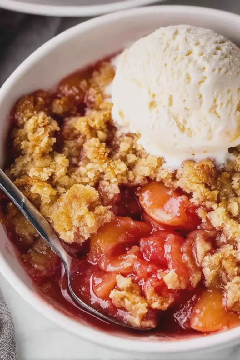 Easy rhubarb crisp with vanilla ice cream served on a wooden table, garnished with fresh rhubarb and cinnamon.