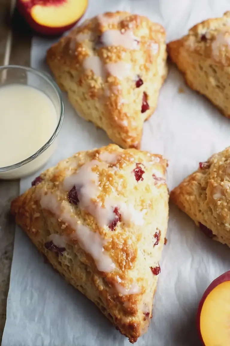 Freshly baked nectarine scones dusted with icing sugar, surrounded by whole nectarines on a wooden table.