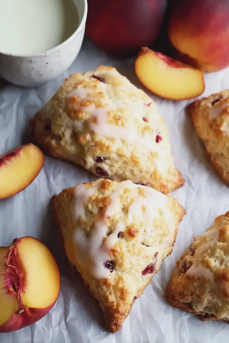 Fresh nectarine scones with nectarines and icing sugar on a wooden table.