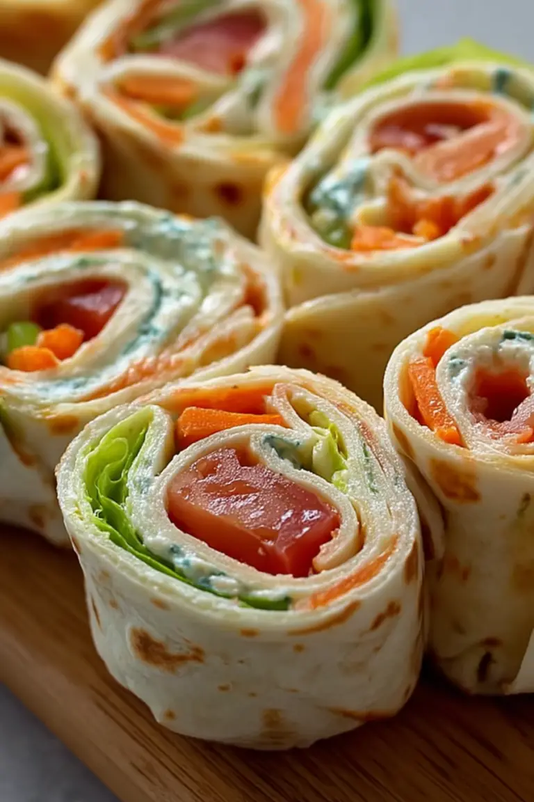 Colorful fresh vegetable tortilla roll ups on a wooden cutting board with green onions.