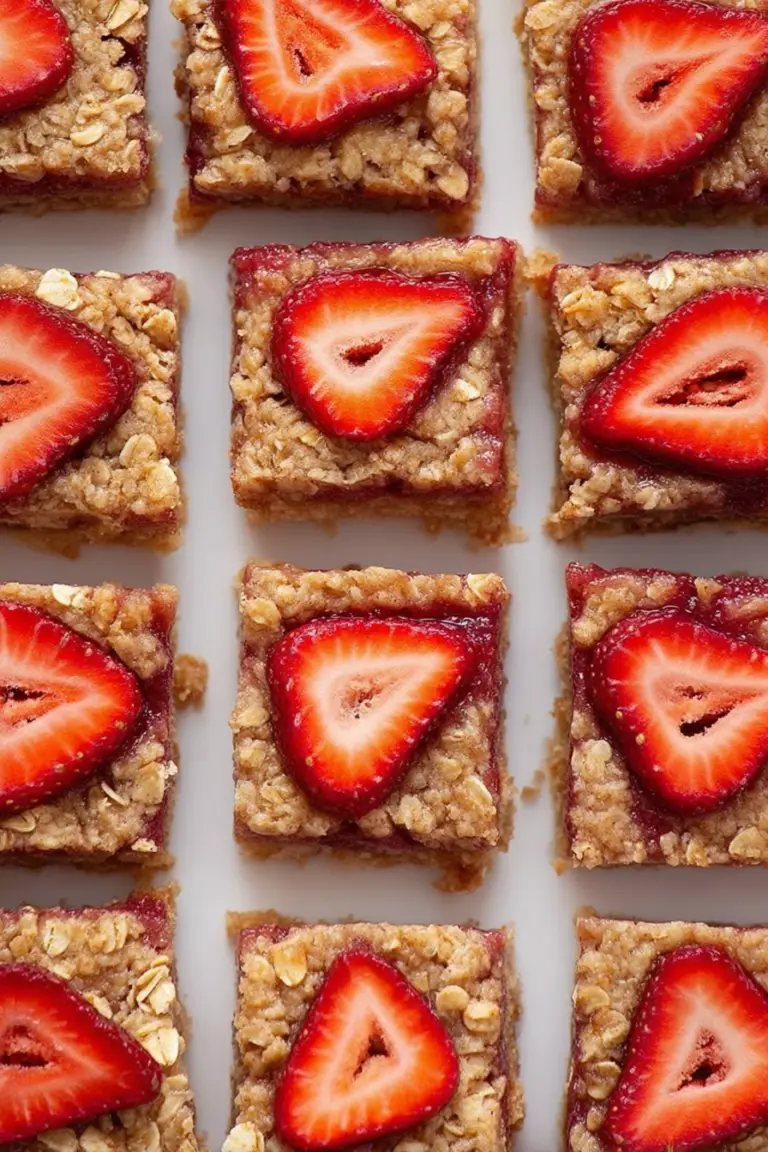 Freshly baked strawberry oatmeal bars with strawberries on a rustic table, topped with powdered sugar.