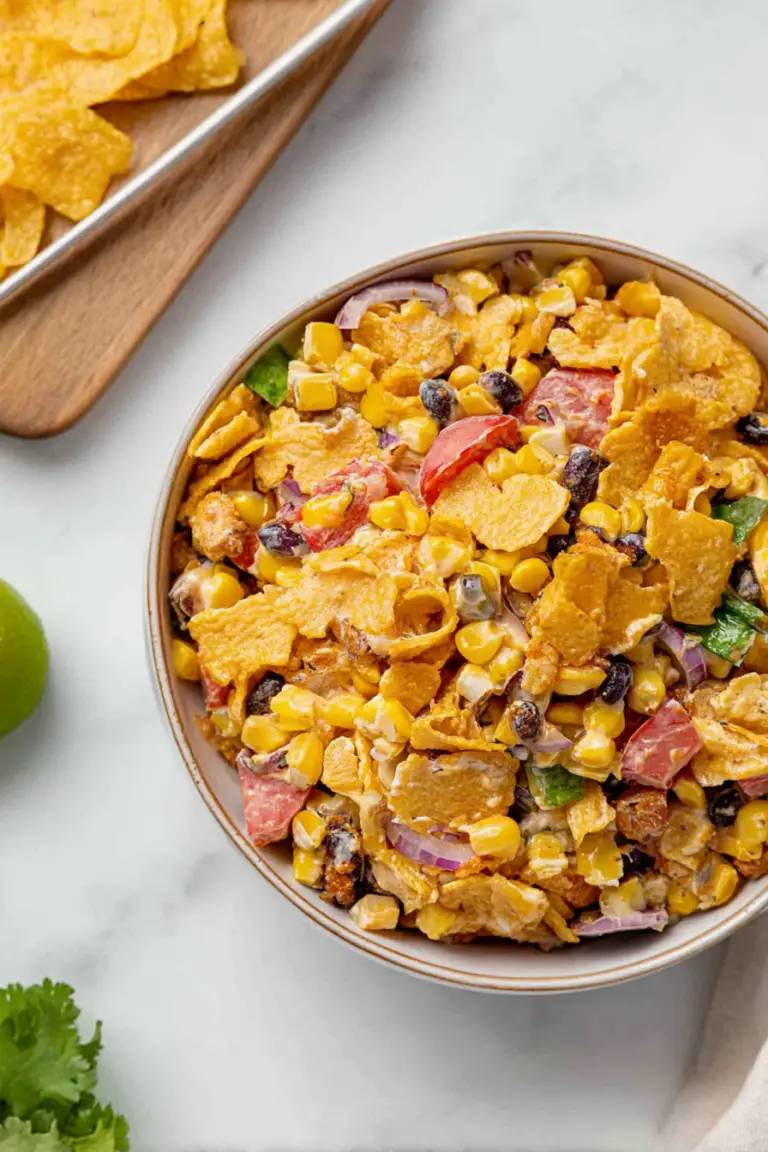 Frito Corn Salad with corn, black beans, bell peppers, and Fritos displayed on a picnic table.