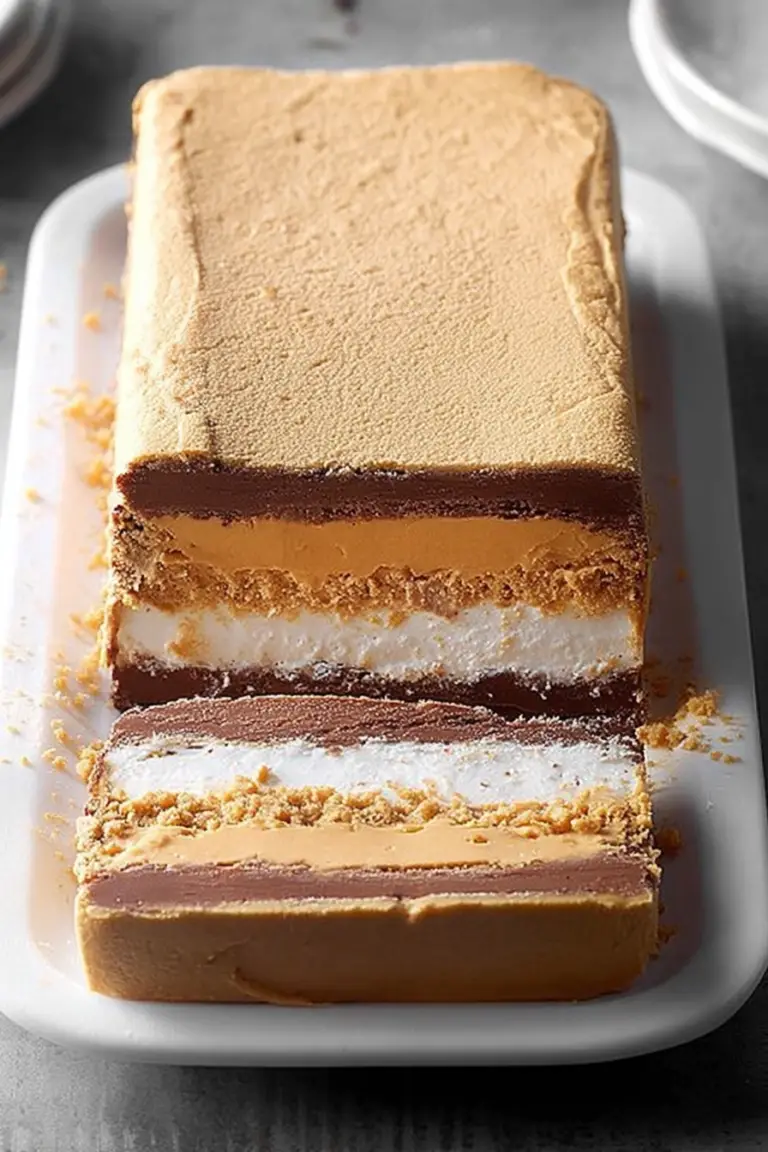 Close-up of frozen peanut butter and chocolate terrine with layers of banana, peanut butter, and chocolate, garnished with crushed Nutter Butter cookies.