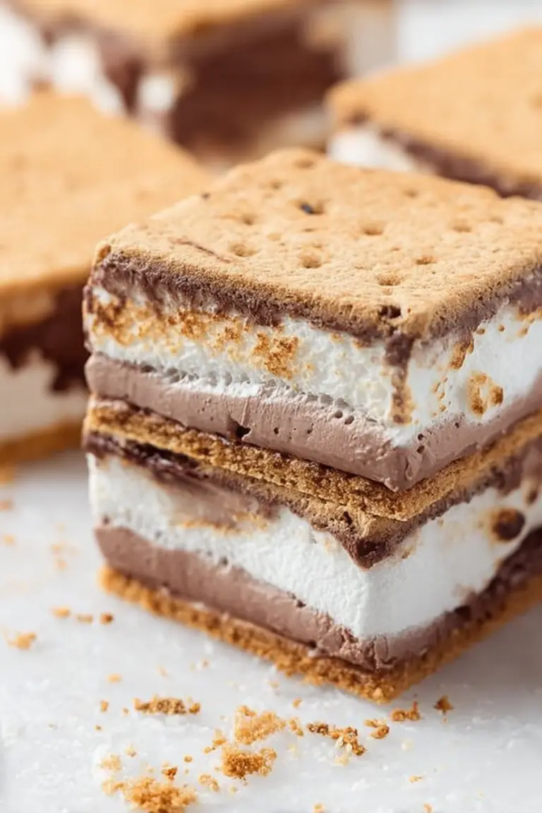 Close-up of a slice of frozen s'mores with layers of chocolate pudding and marshmallow fluff on a plate.